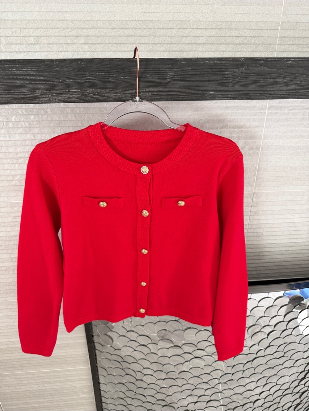 Red Crewneck Button-Front Women's Sweater